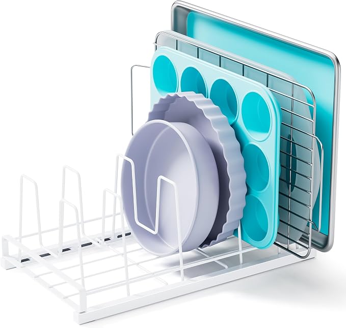 Food Container Lid Organizer, Adjustable 6 Dividers Full-Metal Pot and Pan Organizer Rack for Kitchen Cabinets, Drawers, Cupboards, Pantry Shelves Storage, White