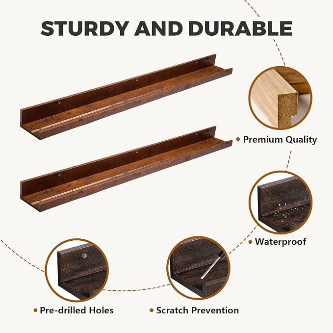Muzilife 45.3" Large Floating Wall Ledge Shelves with Lip - Set of 2 Rustic Wood Floating Shelves - Walnut Brown Wall Mounted Picture Ledge for Office, Bathroom, Bedroom, Living Room, Kitchen