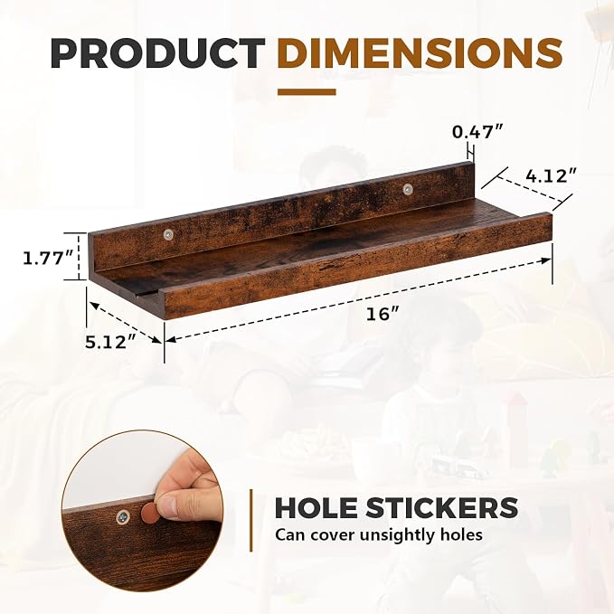 Muzilife 16" Wood Floating Shelves Wall Shelf with Lip,2Pcs, Widened, Honey | FSC-Certified Wood | 20 lbs Capacity | Space-Saving | Hanging Shelf | Wall Decor| Bedroom,Living Room,Bathroom,Kitchen,Office