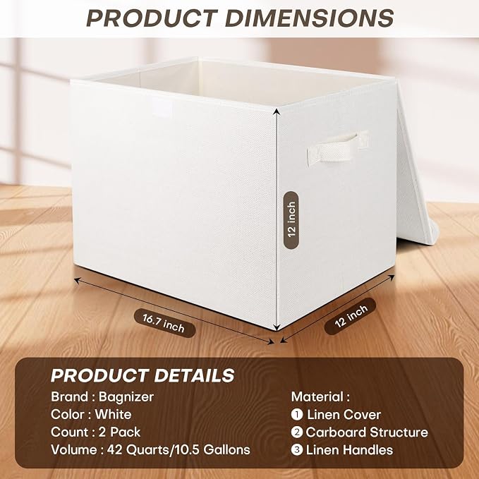 Bagnizer Large 42 Quarts Fabric Storage Bins with Lids [2-Pack] Linen Collapsible Foldable Storage Cubes, Closet Organizer Containers boxes with Handles for Home Office (16.7 x 12 x 12, White)