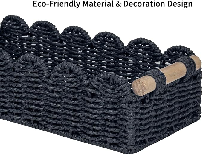 CubesLand Bathroom Basket Organizer, Toilet Tank Paper Storage Baskets 2-Pack, Scalloped Decorative Basket for Countertop w/Handle, Wicker Basket for Bathroom Decor, Home Decor, Living Room, Black