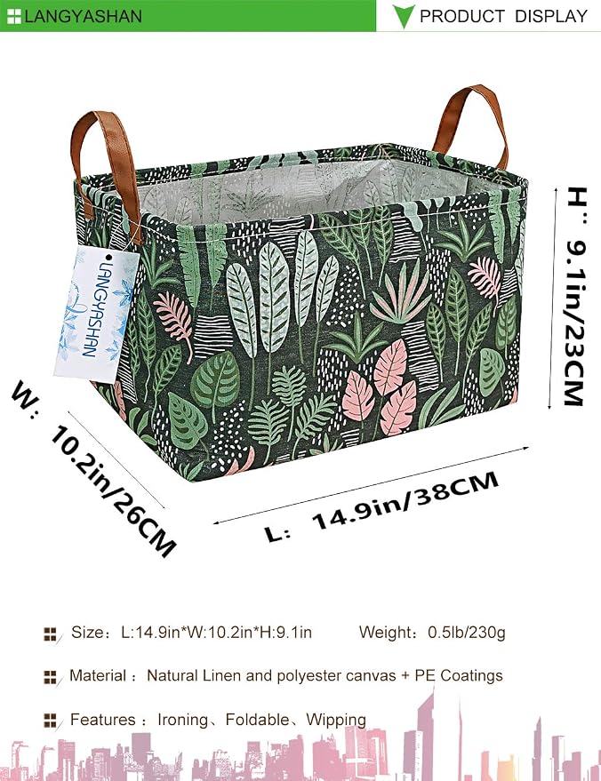 Rectangular Collapsible Full Leaf Storage Basket Nursery Organizer | Storage Bin Foldable Canvas with Handles for Organizing Home Kitchen Children Toys Office Closet Shelf Baskets