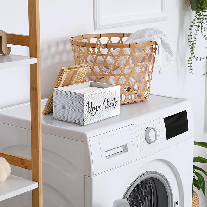Bivvclaz Dryer Sheet Holder, White Washed Wood Laundry Sheets Container, Laundry Room Organization and Storage for Farmhouse Laundry Room Decor and Accessories, Fabric Sheet Holder