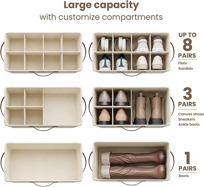 Varhomax Shoe Organizer Box for Closet, Small Fabric Shoe Storage Bin with Adjustable Dividers & Clear Cover, Saving Space Sneakers & Sandals Containers for Entryway, Cubby, Beige