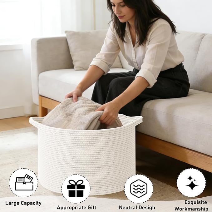 65L Large Blanket Basket,Woven Rope Laundry Basket Hamper with Handles,Decorative Nursery Basket Storage Bin for Toys, Pillows , Clothes Organizer, Living Room, Bedroom, Bathroom, White