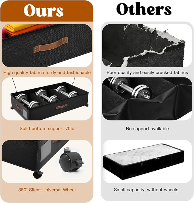 Under Bed Storage with Wheels, Rolling Under Bed Storage Containers with Clear Lid and Handles for Clothes, Shoes, Blankets, Pillows, Toys, Books, Bags (60L, 30.9 x 16.9 x 6.7in, Black, 2 Pack)