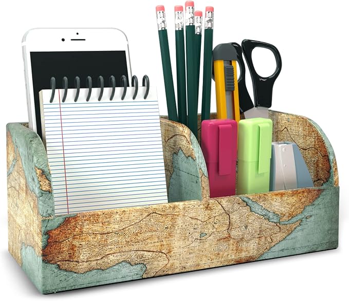 PU Leather Supply Organizer,Remote Control Holder Multifunctional Office Stationery Storage Box Organizer,Pencil Holders Organizers Table Top Desktop Desk Accessories(1-Vintage Map)