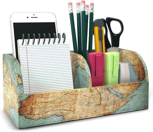 PU Leather Supply Organizer,Remote Control Holder Multifunctional Office Stationery Storage Box Organizer,Pencil Holders Organizers Table Top Desktop Desk Accessories(1-Vintage Map)