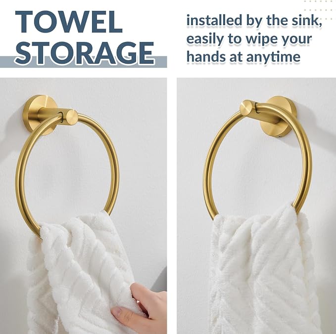 APLusee Brushed Gold Hand Towel Ring, 304 Stainless Steel Flexible Round Towel Holder for Bathroom Kitchen, Wall Mounted