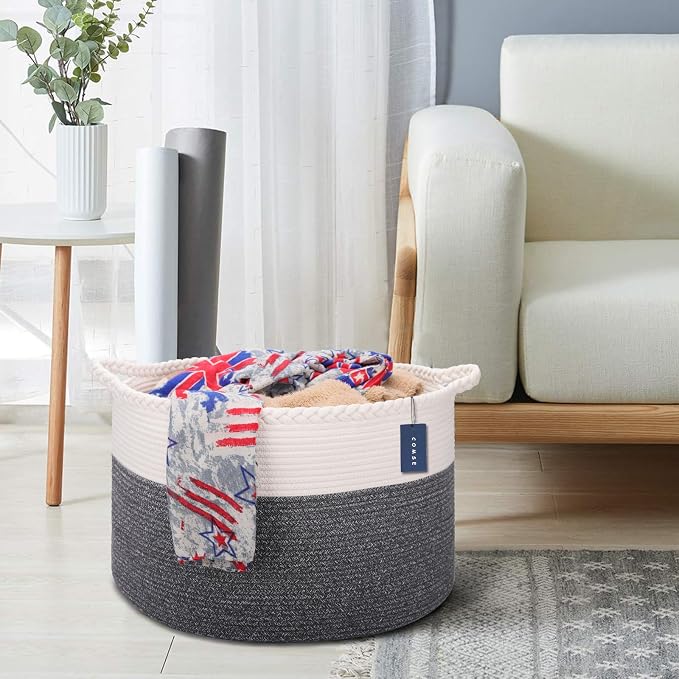 COMSE Extra Large Blanket Basket, Woven Laundry Basket, 21.7”x 13.8”, Nursery Hamper, Cotton Rope Laundry Hamper Living Room for Storage Toys Clothes Towels (White & Black)