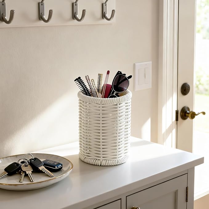 Rattan Jars, Cotton Pad Floss Jar Bathroom Vanity Desk Storage | Hand tight woven solid structure, lightweight & sturdy,Waterproof, easy wipe & rinse clean,fit vanity countertop & washstand