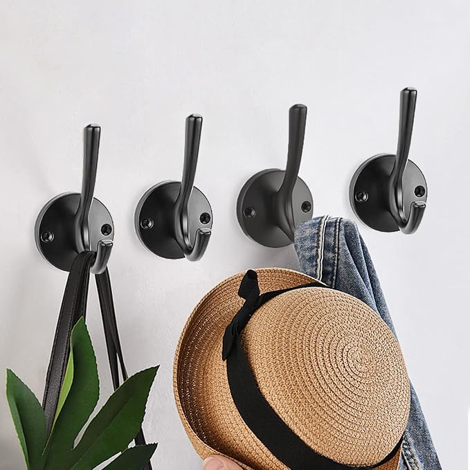 𝑪𝒐𝒂𝒕 𝑯𝒐𝒐𝒌𝒔 Wall Hooks 4 Pcs Towel Hook Heavy Duty Thick Bath Robe Hooks Wall Mount Hooks for Bathroom Kitchen Hotel Bearing 25kg (Black)