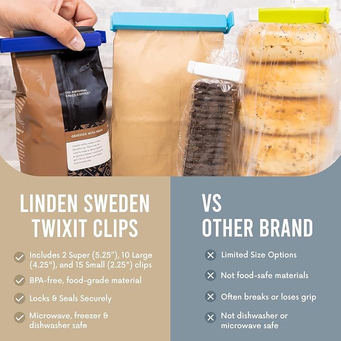 Linden Sweden Twixit Bag Clips - Keep Food Fresh, Stop Spillage - Easily Date Stamp Frozen Bags - Chip Clips for Storage and Organizing - Microwave, Freezer & Dishwasher-Safe - BPA-Free - Set of 27