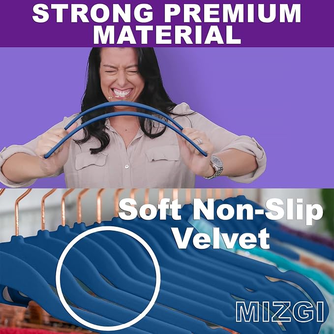MIZGI Premium Velvet Hangers (50 Pack) Heavy Duty - Non Slip Felt Hangers - Velvet Suit Hangers Mediterranean Blue - Rose Gold Hooks,Space Saving Clothes Hangers