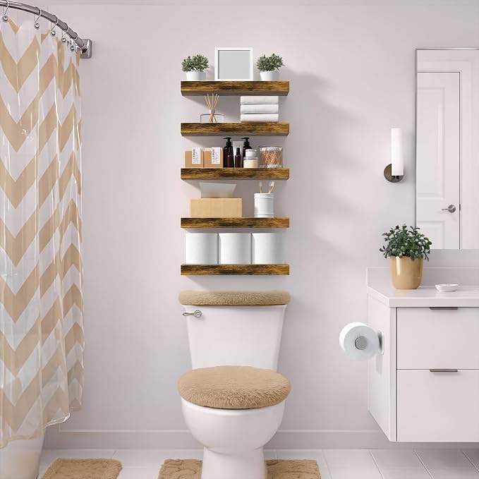 Sorbus Floating Shelves for Wall – 16 Inch Floating Shelf for Kitchen, Bedroom, Living Room, Bathroom, Home & Wall Decor - Mounted Bathroom Shelves with Invisible Brackets (Rustic Brown, 5 Pack)