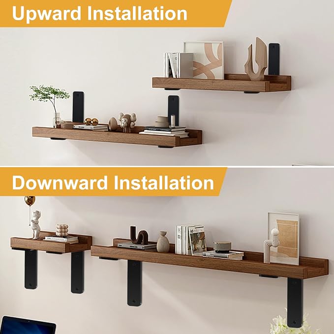 4 Pack - L 12" x H 8" x W1.5, 5mm Thick Black L Shelf Bracket, Iron Shelf Brackets, Metal Shelf Brackets, Floating Shelf, Shelf Supports with Screws
