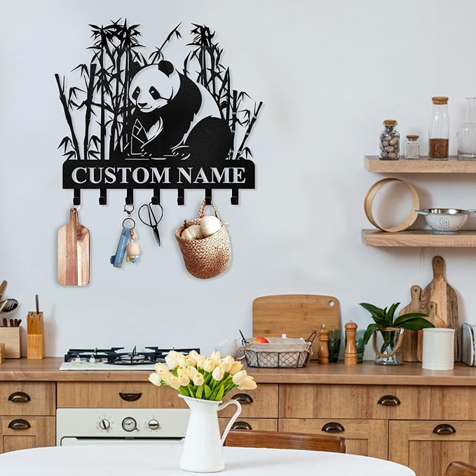 Dyoart Bamboo Panda Animal Wall Key Holder | Metal Key Organizer with Hooks | Coat Rack & Wall Decor for Front Door & Hallway