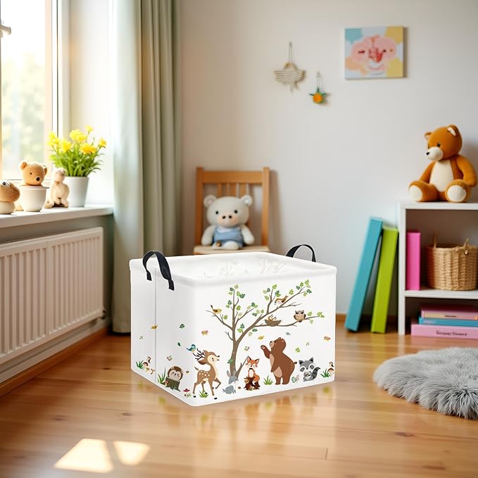 Rectangular Kids Storage Basket Baby Storage Basket with Handles for Home Kitchen Boys and Girls Cute Toy Storage Bin Organizer Shelf Book Room Decor(Tree Animal)