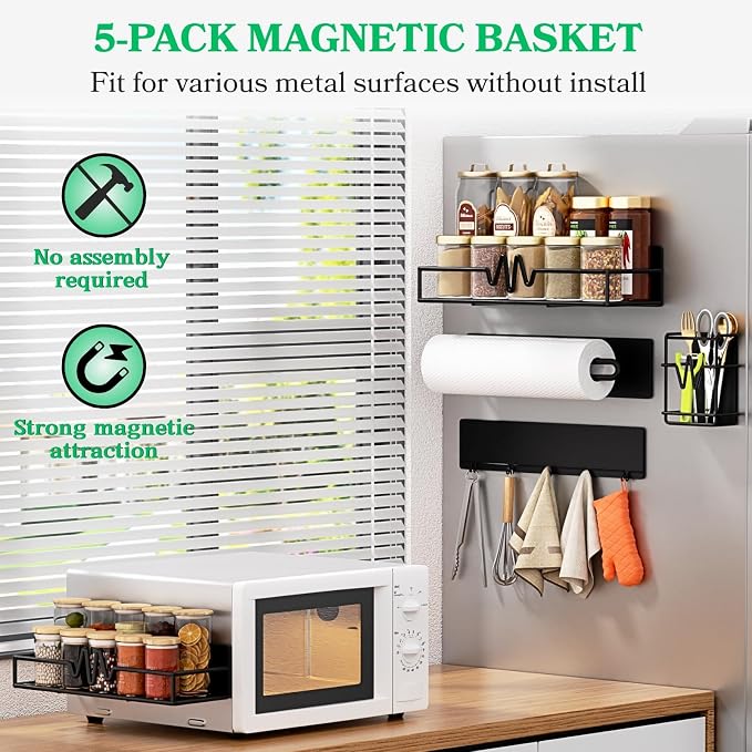 5-Pack Magnetic Spice Rack for Refrigerator, Heavy Duty Magnetic Shelf for Fridge Set with Paper Towel Holder, Utensils Racks & Hook Rail, Home Kitchen Laundry Room RV Storage Organization- Black