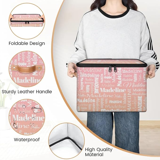 Custom Storage Basket with Name, Personalized Keepsake Box with Zipper Lid, Foldable Fabric Memory Bin Large capacity with Handle Pink Orange