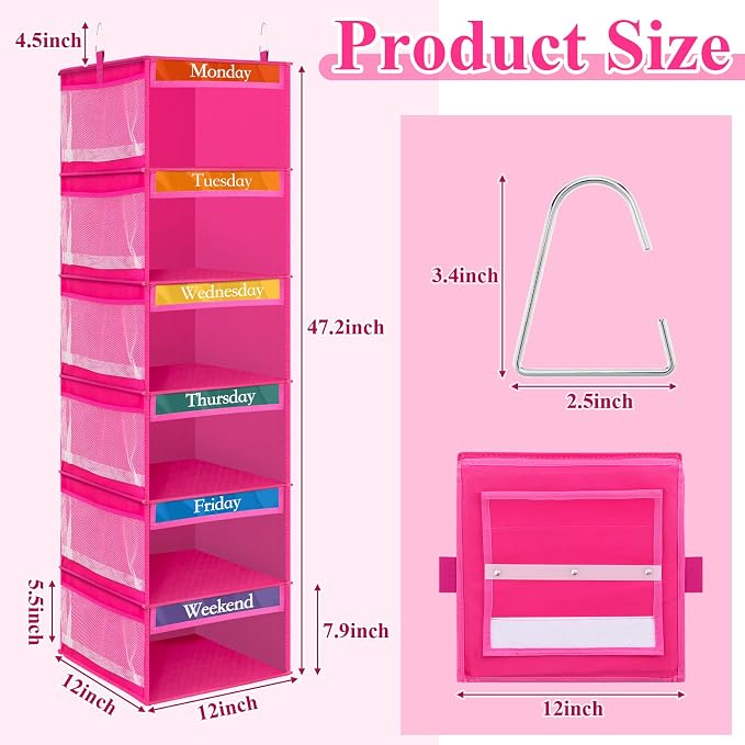 Amylove 2 Pack 6 Shelf Weekly Clothes Organizer for Kids with Side Pocket, 47 Inch Days of the Week Clothes Organizer, Monday to Friday Daily School Outfits Clothing Divider for Kids(Rose Red)