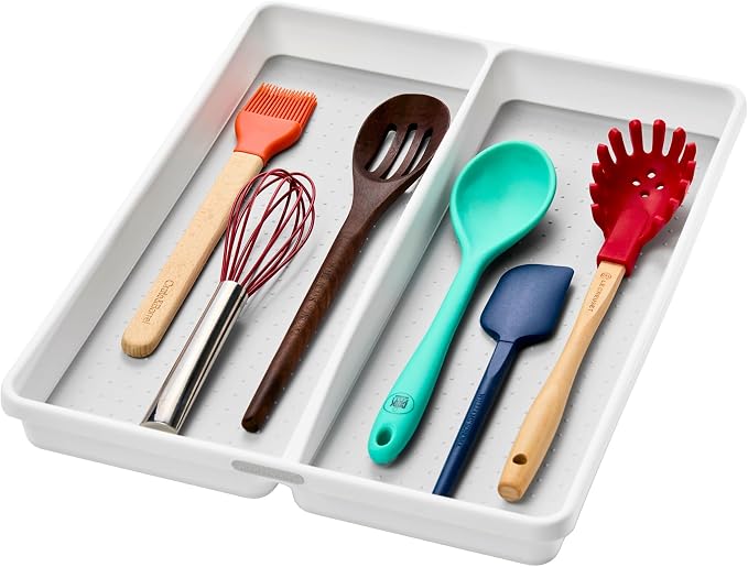 madesmart 2 Compartment Premium Utensil Tray, Multi Purpose Storage Organizer, Non Slip Lining, Deep Storage for Ladles, Whisks & Serving Tools, for Drawers & Home Organization, White