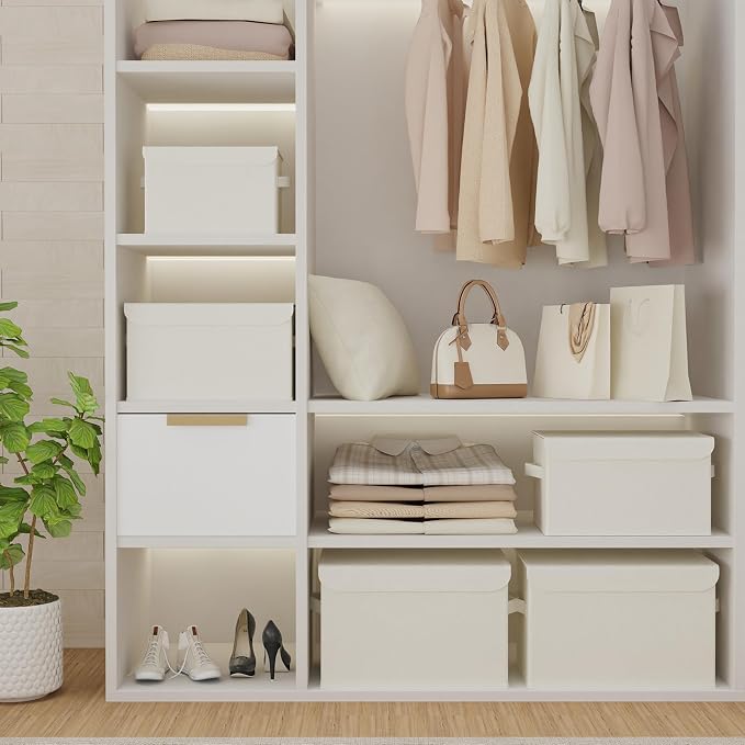 Foldable Storage Bins, Closet Boxes, 4 Pack, Beige, 13x9x7.9 In | Cube Organizer Basket with Flip-Top Lid and 2 Handles, Decorative Boxes for Shelves with Cover for Clothes, Towels, Blanket
