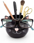 Cat Glasses Holder Stand and Vase - Black Cat Ceramic Sunglasses and Eyeglasses Stand Cat Lady Gift Display and Decor Organizer for Desk Accessories and Stationery Items