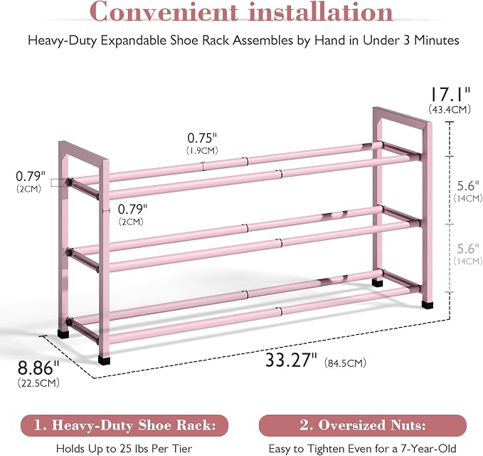 Bumusty 3-Tier Expandable Shoe Rack for Closet, 18“-33” Adjustable Shoe Rack for Small Space, Small Shoe Organizer for Front Door, Sturdy Metal, Pink