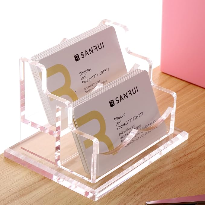 SANRUI Clear Horizontal Business Card Holder Stand for Desk, Acrylic Desktop Display Name Cards Holders Organizer Storage Rack,for Exhibition, Home, Office,2 Tier 2 Pocket, 120 Card Capacity