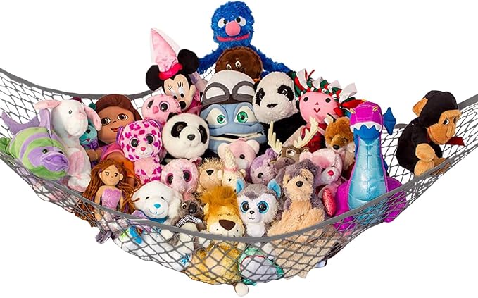 Stuffed Animal Hammock, Large | Corner Stuffed Animal Storage & Plushie Net | Toy Hammock for Stuffed Animals | Holds 12lbs | Easy Hang, All Hardware Included | Gray Bedroom Decor | by Lilly's Love