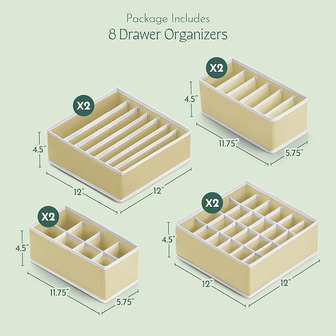 Dresser Organizer, [8 Pk] Beige Fabric Dresser Drawer Organizers (4 Sizes With 90 Slots) Foldable Underwear Drawer Organizer Breathable Bins for Bra, Lingerie, Socks, Scarves, Belt, Tie, Baby Clothes