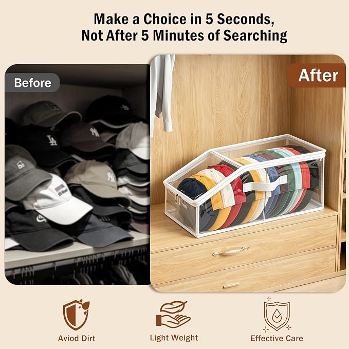 Clear Hat Organizer– Stackable Transparent Hat Display Case with Zipper Closure 2 Pack– Space-Saving Protective Unit for Baseball Caps & Accessories White Trim