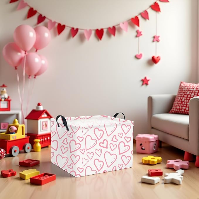 Rectangular Valentines Basket for Home Kitchen Girls Cute Kids Storage Bin Organizer Shelf Book Room Decor(Pink Line Hearts)