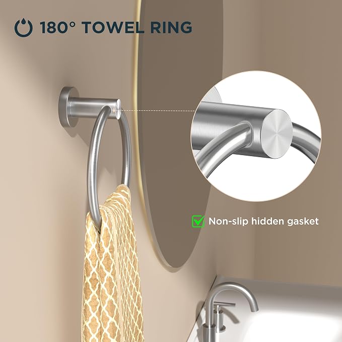 FORIOUS 4 Piece Bathroom Accessories, SUS304 Stainless Steel Toilet Paper Holder, Towel Ring and 2 Towel Hooks, Wall Mounted Bathroom Hardware Set (Brushed Nickel)