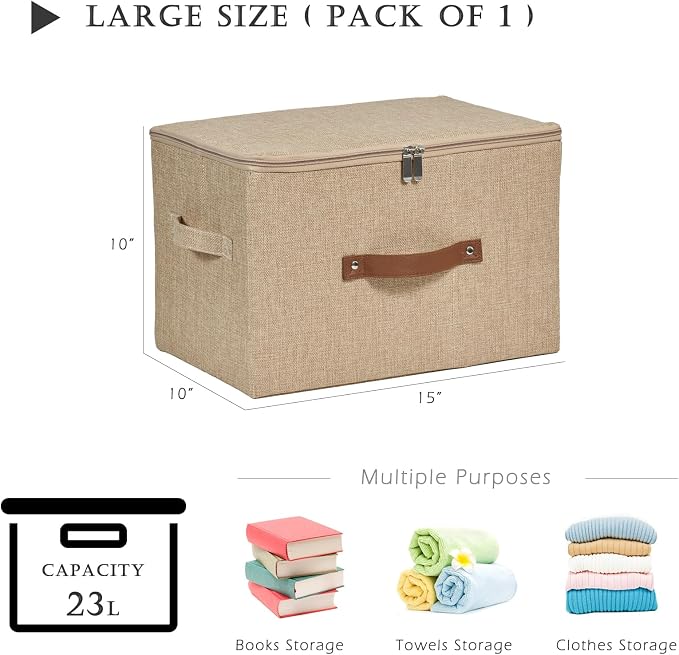 Storage Bins with Zipper Lid Cotton Linen Fabric Lidded Storage Baskets Boxes Foldable Washable Closet Shelf Clothes Organizer Container with PU Leather Handles (Linen, Large)