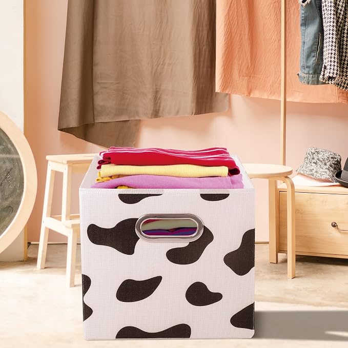 ANMINY Cow Print Cube Storage Bins with Handles, Washable, Collapsible | Cotton Linen Fabric, PP Plastic Board, Animal Print Decor, Storage Basket for Closet Shelf, 11 x 11 x 11 Inch, 8PCS