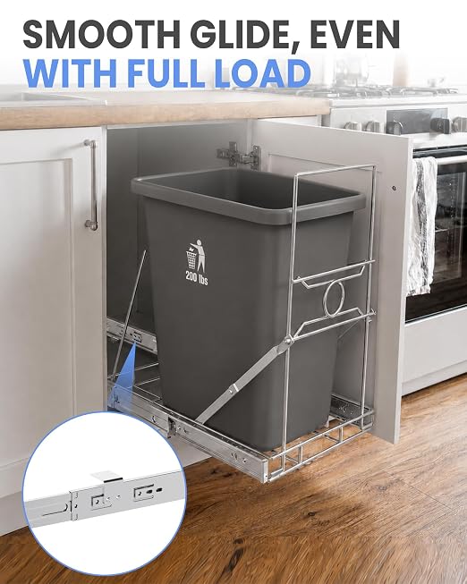 Pull Out Trash Can Cabinet Organizer, Stainless Steel Trash Can Slider for Kitchen Cabinet, Under Sink Slide Out Trash Can Rack for 7-11 Gallon Bins, Silver, Bin Not Included