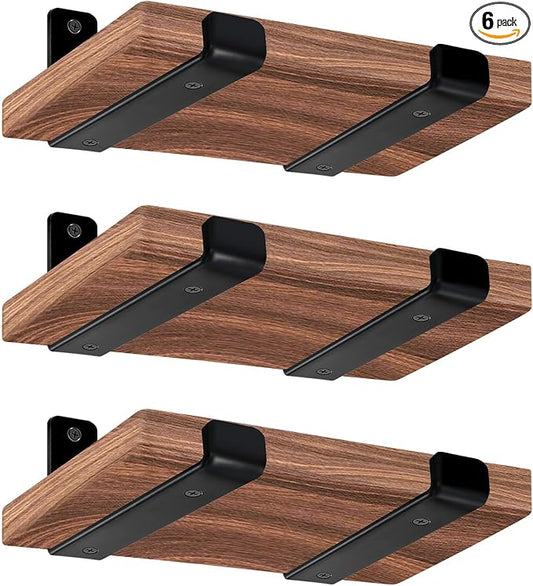 6 Pack - 5.5" L x 4" H x 1.5" W J Lip Shelf Brackets Rustic Farmhouse Iron Wall Floating Shelf Bracket Metal Shelf Bracket Industrial Shelf Supports with Screws Black