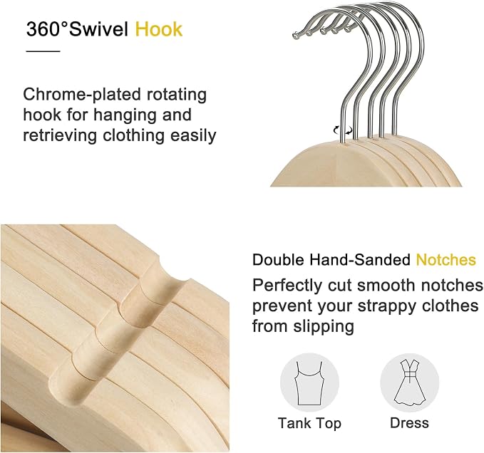 TOPIA HANGER Unfinished Natural Wooden Hangers 18 Pack-360° Swivel Hook and Smoothly Cut Shoulder Notches-Premium Wood Clothes Hangers for Suit, Coat, Jacket, Pant, Camisole-CT10N