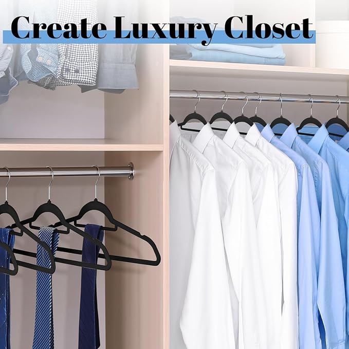 Smartor Black Velvet Hangers 60 Pack, Space Saving Clothes Hangers with Tie Bar, Non-Slip Felt Hanger with Shoulder Notches, Heavy Duty Suit Hanger for Coat, Shirt, Pants, Dress | Non-slip Felt, Shoulder Notches and 360° Hooks Keep Suits, Dresses and P...