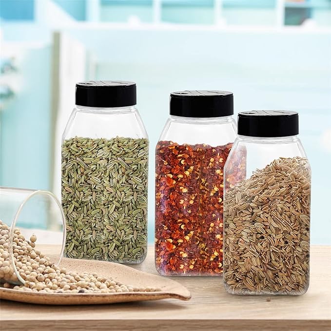 Plastic Spice Jars Bottle Containers with Black Cap, 32 Oz, 6 PACK | Clear Safe Plastic Bottle Containers with Shaker Lids, Lined Cap, PET Material, BPA-Free, Perfect for Herbs & Spices
