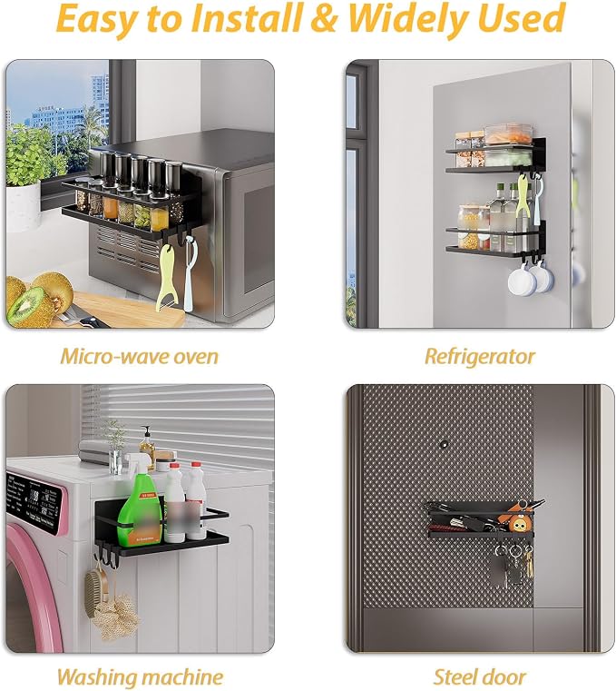Magnetic Spice Rack for Refrigerator, 2 Pack Magnetic Shelf, Fridge Magnet Organizer with Moveable 6 Hooks, Magnetic Fridge Shelf for Kitchen Organization and Storage(Black, 2 Pack)