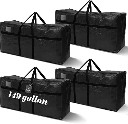 4 Pcs 149 Gallon Extra Large Moving Bags Heavy Duty Storage Bag with Strong Zipper Handle Foldable XXL Jumbo Storage Tote Packing Moving Box for College Dorm Travel Cloth Duffle (Black)