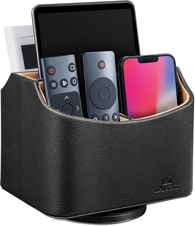 LAMOTI Leather Remote Control Holder, 360° Spinning TV Remote Caddy for Table, 5-Compartment Desk Organizer for Universal Remotes, Phones, Tablets, Pens, Eyeglasses & More (Black)