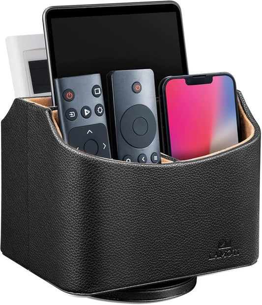 LAMOTI Leather Remote Control Holder, 360° Spinning TV Remote Caddy for Table, 5-Compartment Desk Organizer for Universal Remotes, Phones, Tablets, Pens, Eyeglasses & More (Black)