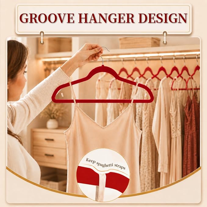 Velvet Hangers 50 Pack, Non Slip Clothes Hangers with Shoulder Notches, Slim Felt Hanger with 360° Swivel Hook, Space-Saving, Heavy Duty, for Coat, Shirt, Pants, Dress, Suits, Red