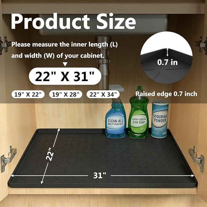 Mateeylife Under Sink Mats for Kitchen Waterproof 31"X22", Undersink Protectors，Silicone Mat Cabinet Liner, Under Sink Organizer for Bathroom and Kitchen，Boot Tray Pet Food Mat, Classic Black