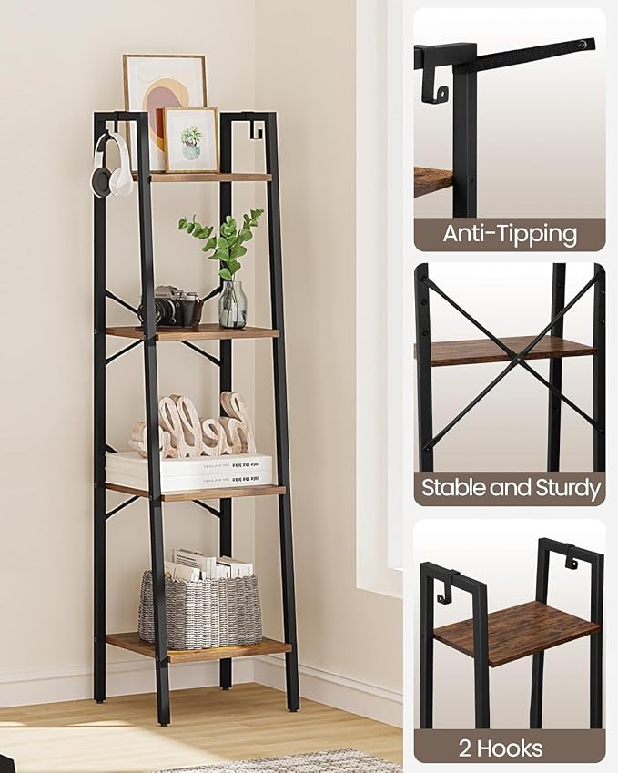 Hzuaneri Ladder Shelf, Bookshelf Bookcase, Freestanding Corner Storage Shelve with 2 Hooks for Home Office, Living Room, Kitchen, Bedroom, Industrial, 11.8"D x 13.4"W x 47.2"H, Rustic Brown BC13201B