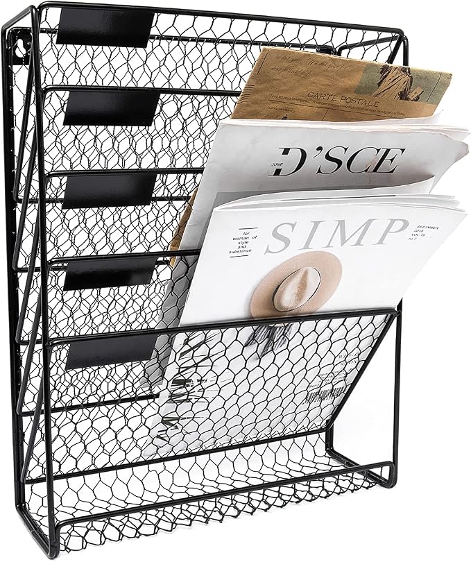 Wall File Holder Hanging Mail Organizer Metal Chicken Wire Wall Mount Magazine Rack for Home and Office (Black)